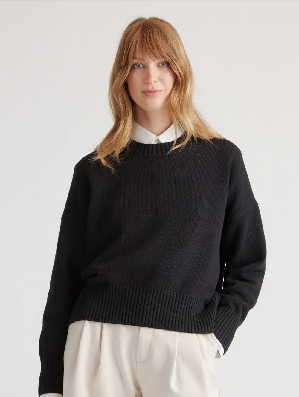 Quince Womens 100% Organic Cotton Boyfriend Crew Knit Sweater Black Medium